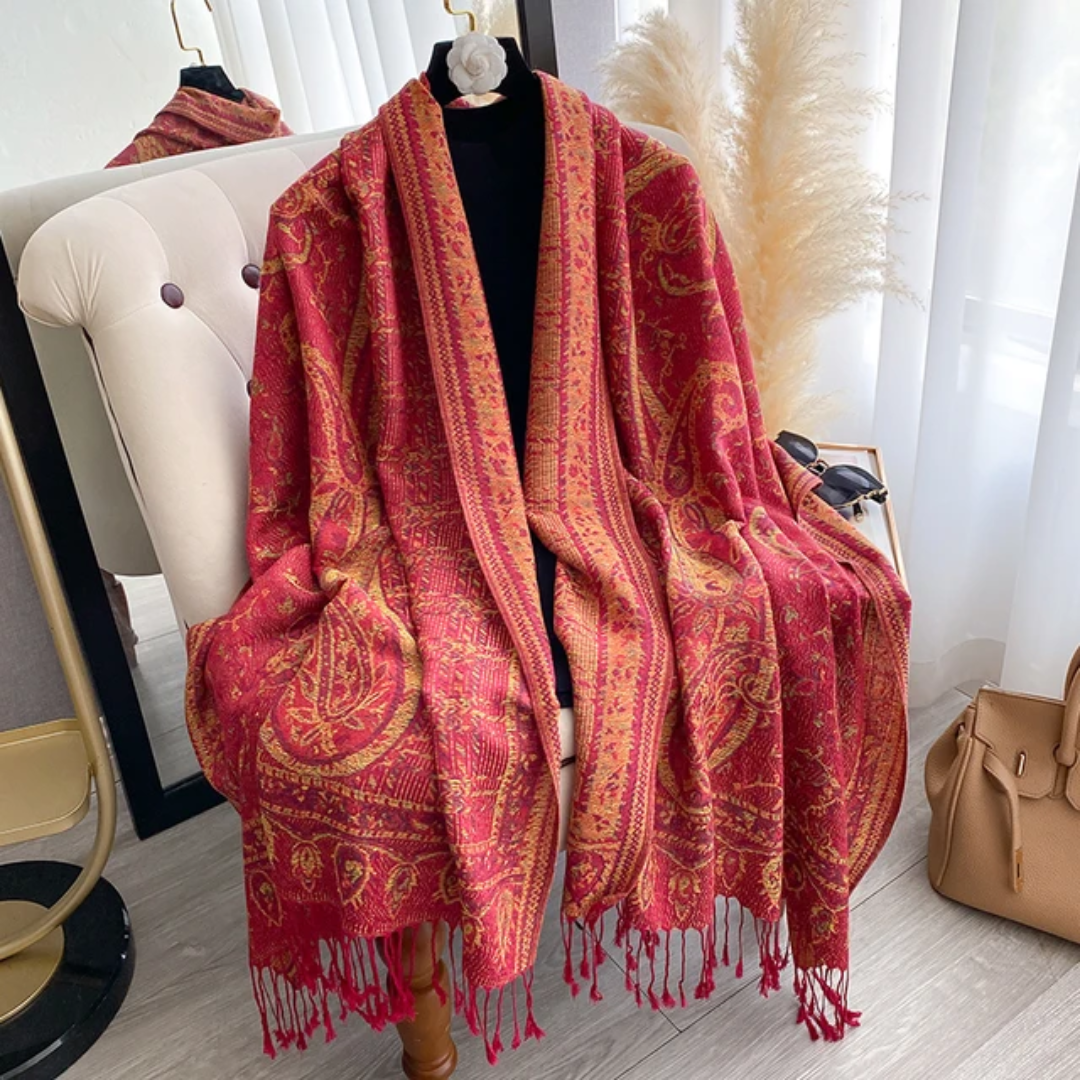 طرحه شال تراثي فاخر باللون الأحمر والذهبي