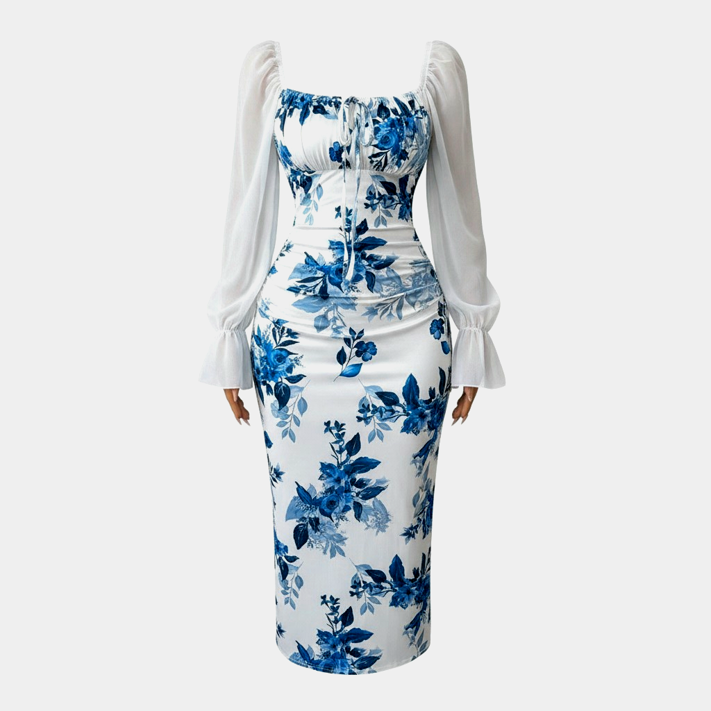 فستان نسائي طويل بطبعة زهور وياقة مربعة مع أكمام شيفون منتفخة - الصورة 2