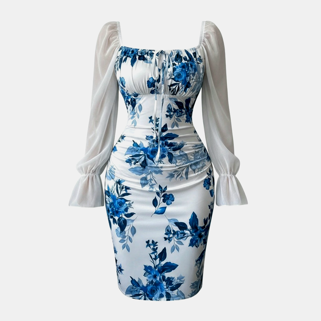 فستان نسائي طويل بطبعة زهور وياقة مربعة مع أكمام شيفون منتفخة - الصورة 3