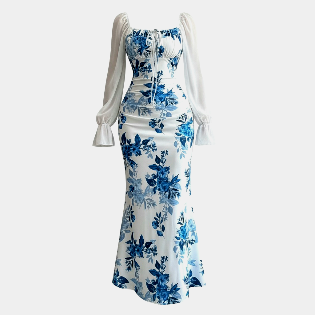 فستان نسائي طويل بطبعة زهور وياقة مربعة مع أكمام شيفون منتفخة - الصورة 4