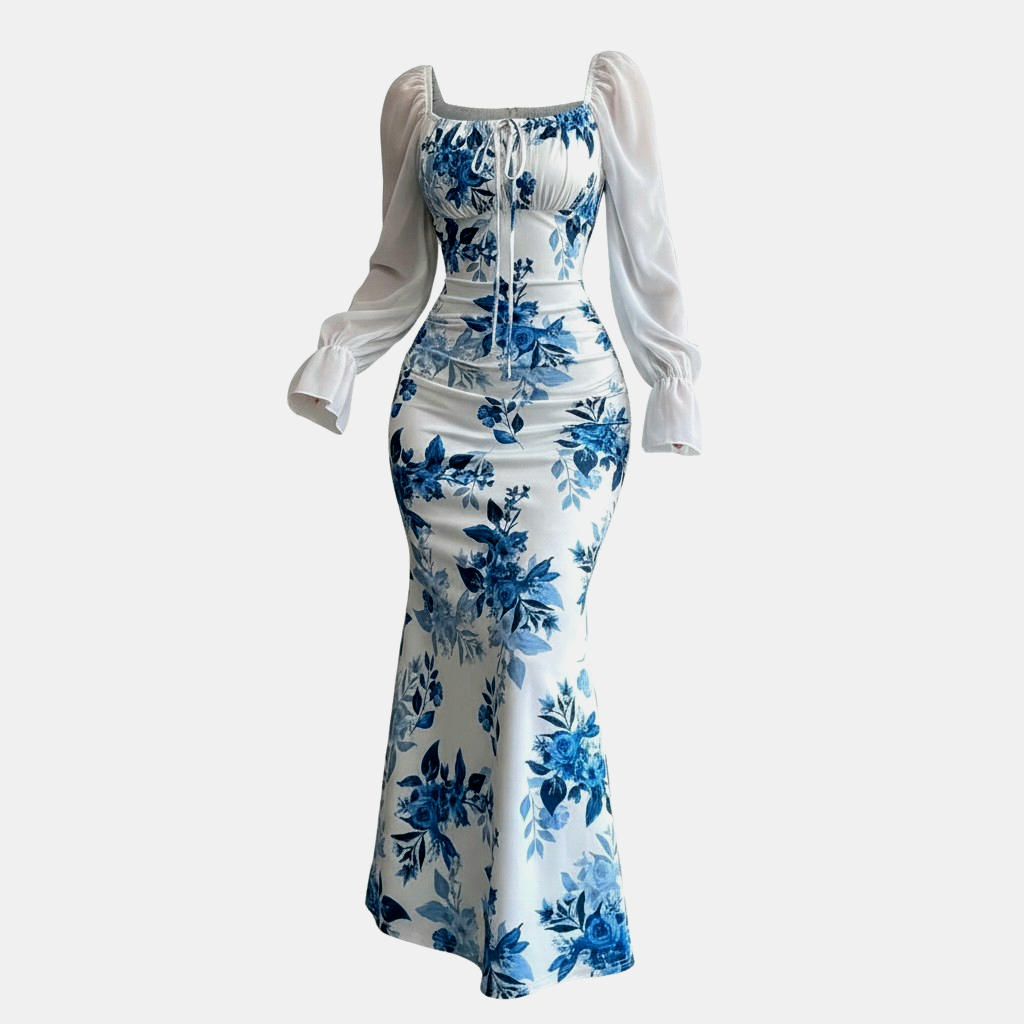 فستان نسائي طويل بطبعة زهور وياقة مربعة مع أكمام شيفون منتفخة - الصورة 7