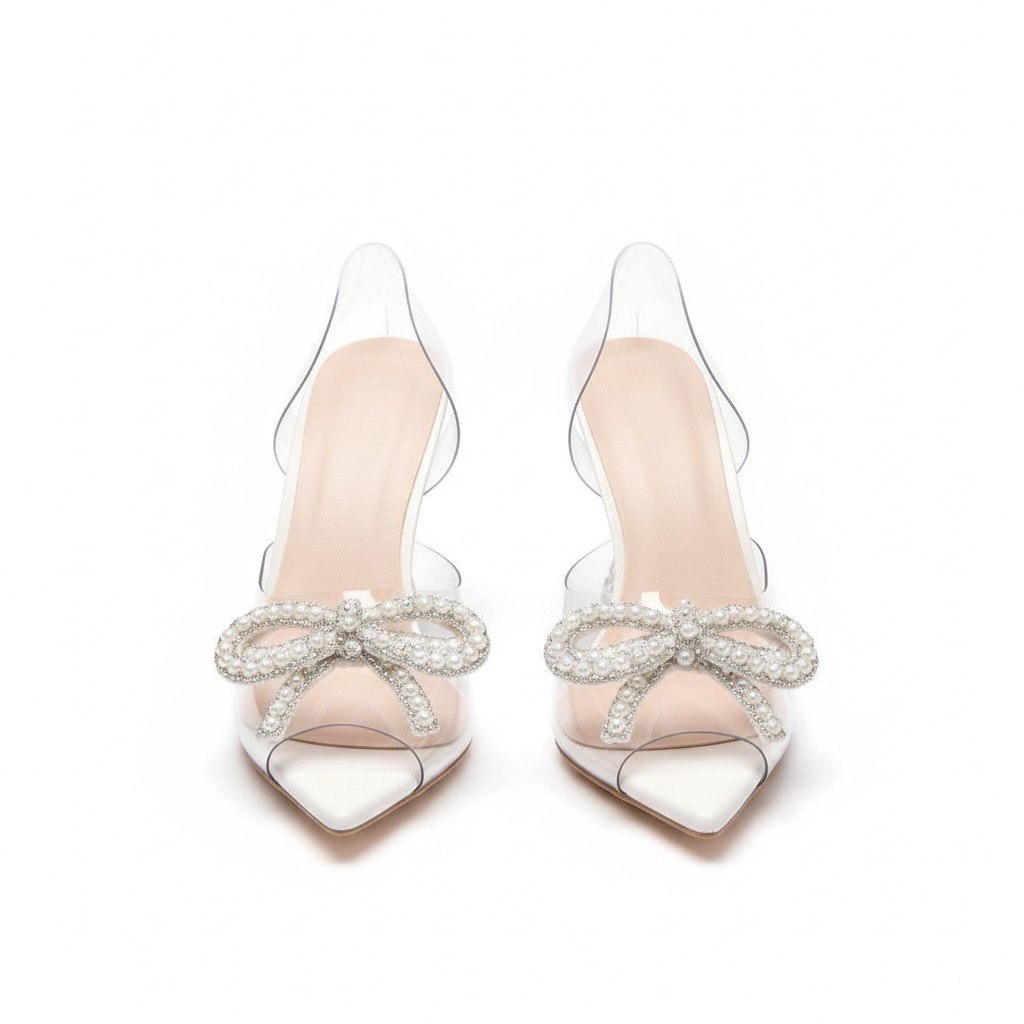 حذاء نسائي بكعب عالي شفاف مزين بفيونكة كريستالية أنيقة - الصورة 3