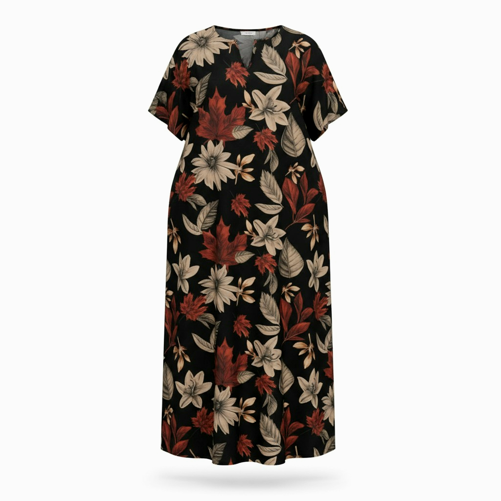 فستان نسائي طويل بطبعات أوراق الخريف – تصميم فضفاض أنيق