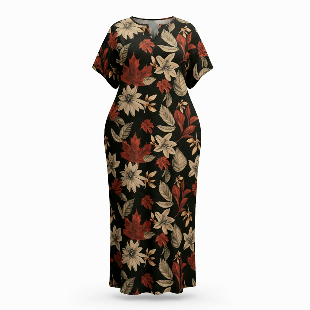 فستان نسائي طويل بطبعات أوراق الخريف – تصميم فضفاض أنيق - الصورة 5