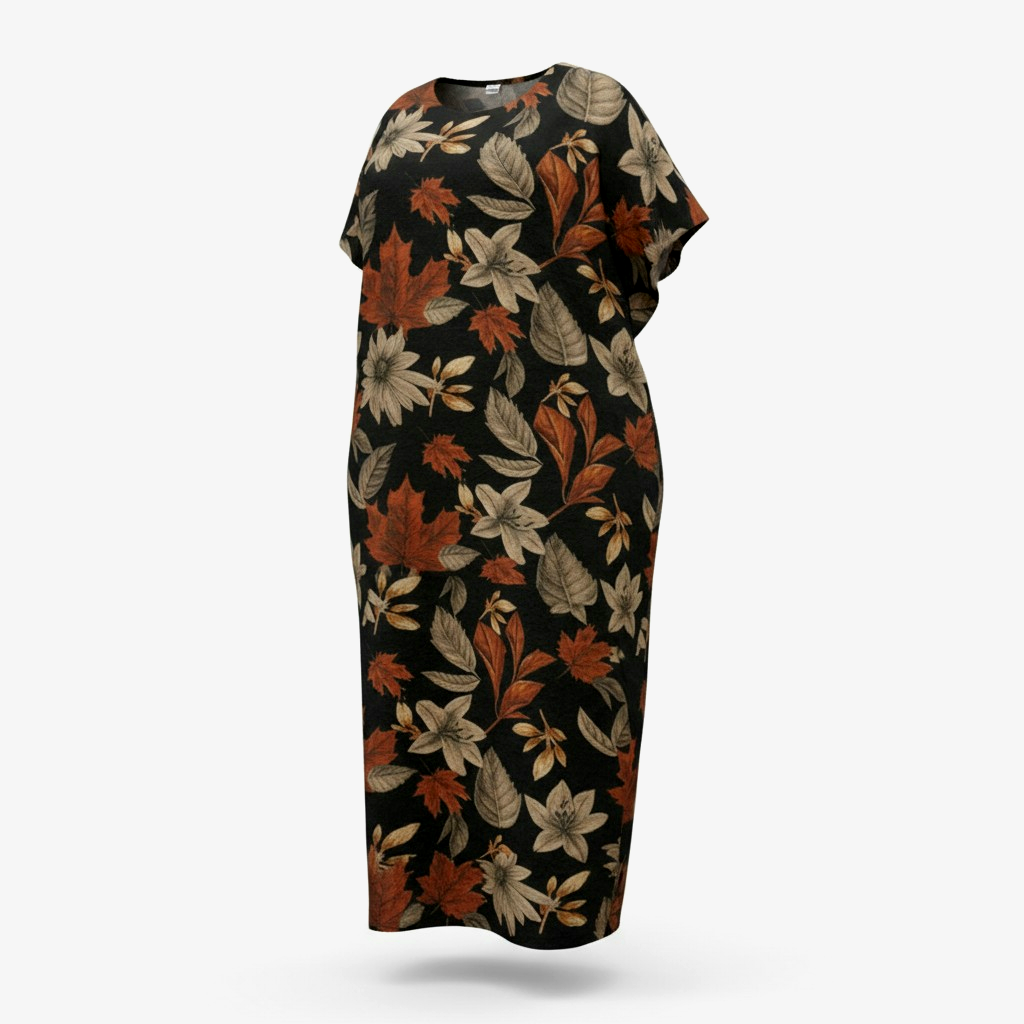 فستان نسائي طويل بطبعات أوراق الخريف – تصميم فضفاض أنيق - الصورة 4