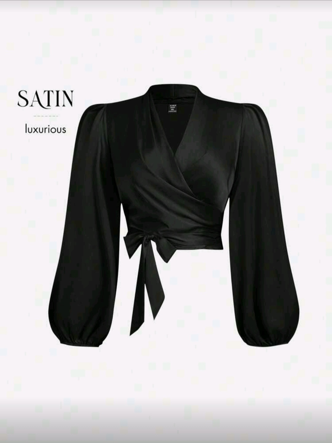 بلوزة نسائية ساتان سوداء بأكمام فوانيس وربطة فيونكة – مقاسات كبيرة