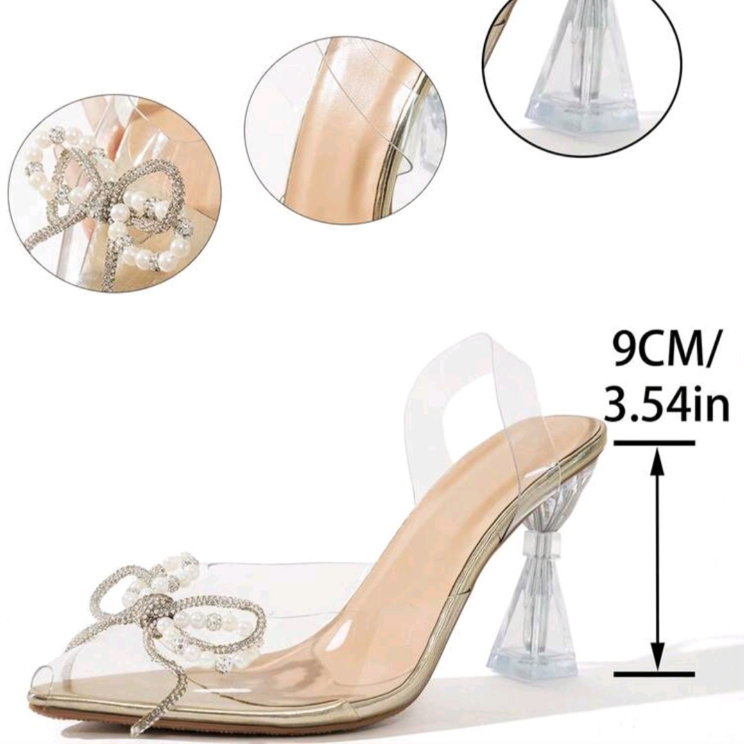حذاء نسائي بكعب عالي شفاف مزين بكريستال زهرة الشمس – لون مشمشي - الصورة 4