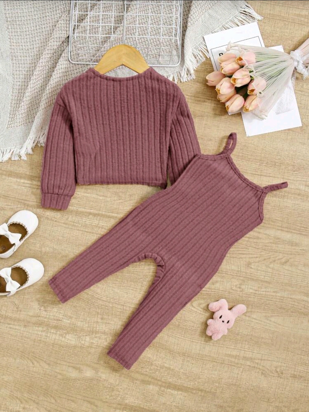 بدلة أطفال بناتي مضلعة قطعتين – وردي مغبر (6 شهور – 3 سنوات) - الصورة 2