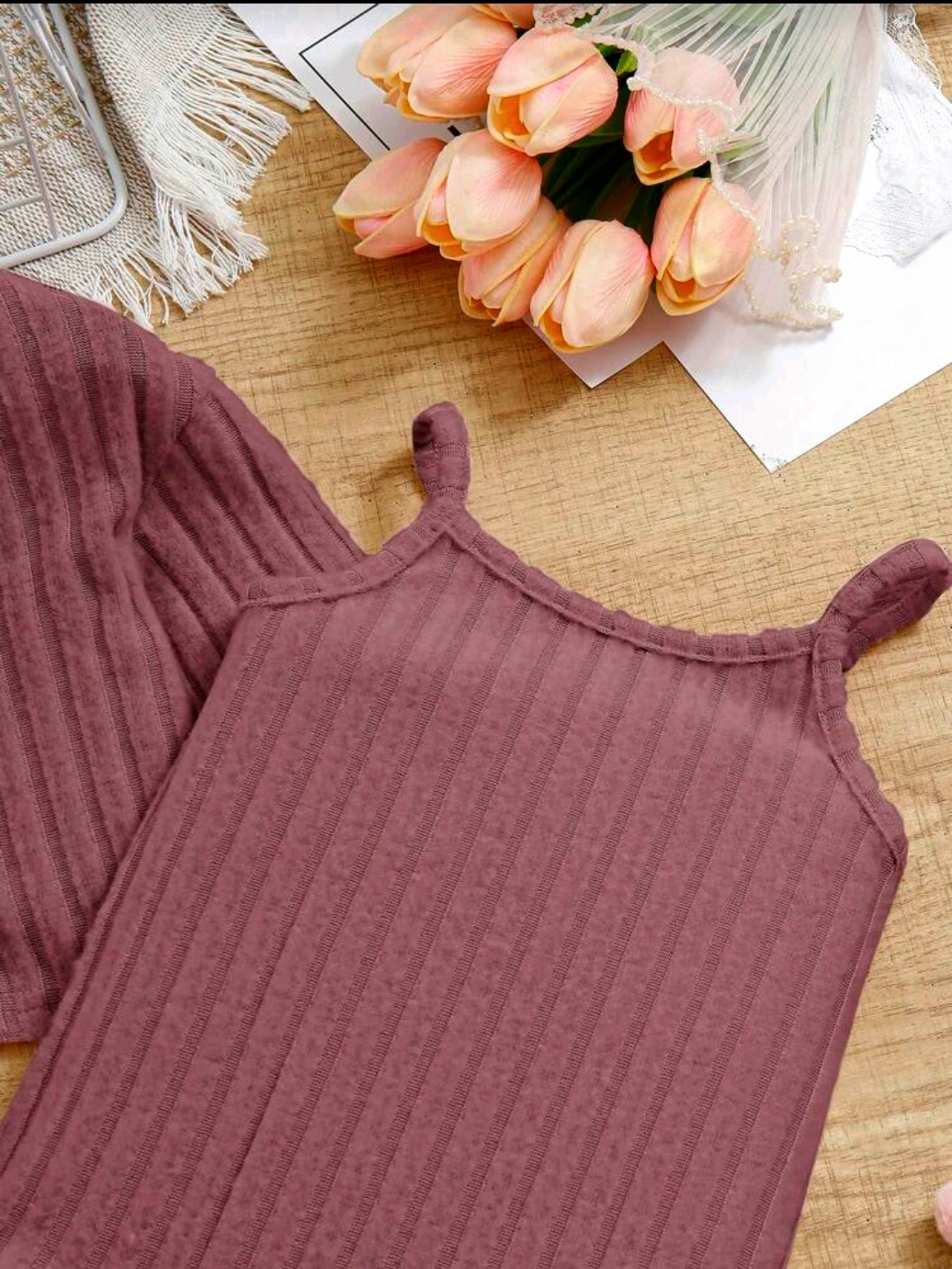 بدلة أطفال بناتي مضلعة قطعتين – وردي مغبر (6 شهور – 3 سنوات) - الصورة 4