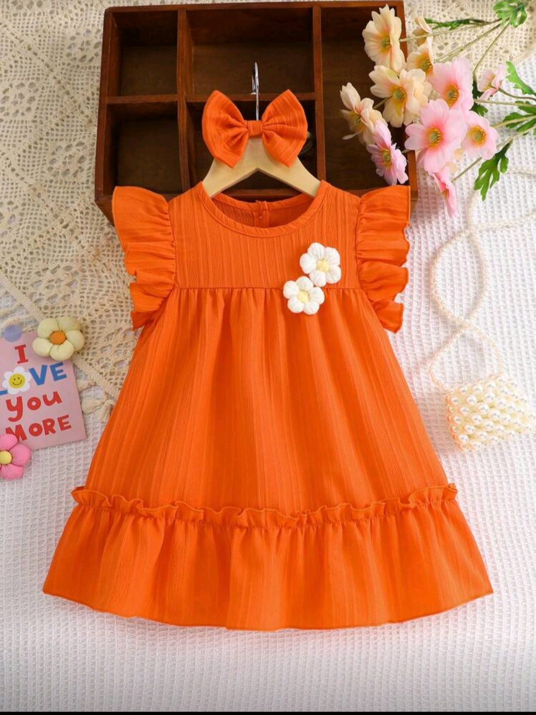 فستان أطفال بناتي برتقالي مزين بالزهور مع ربطة شعر