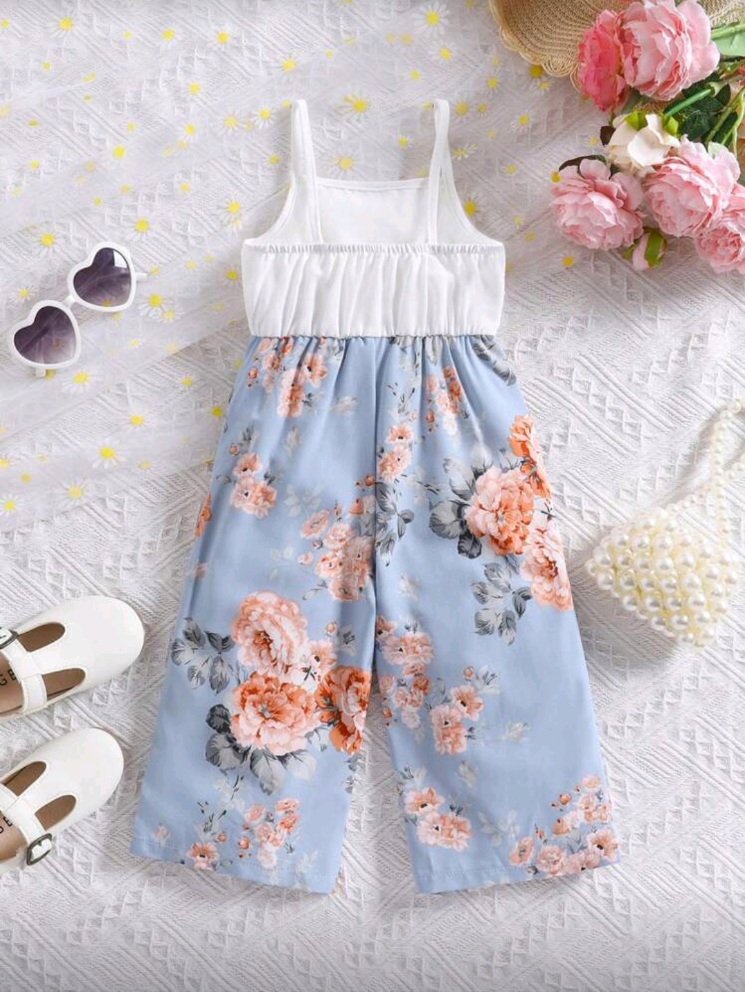 طقم بنات صيفي أنيق بطبعة زهور باللون الأزرق السماوي - الصورة 2