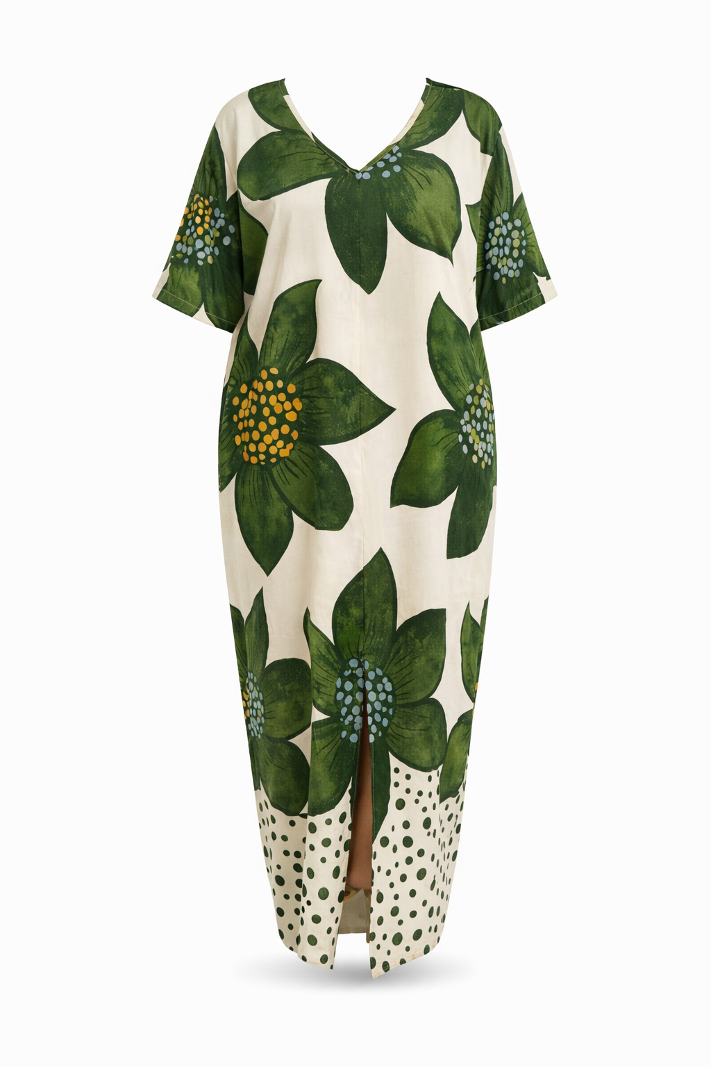 فستان نسائي طويل بطبعة الزهور – أخضر وأوف وايت