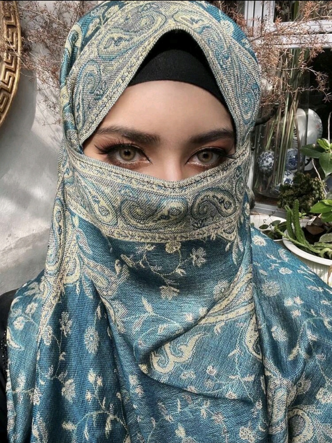 طرحة باشمينا منقوشة – أزرق نعناع